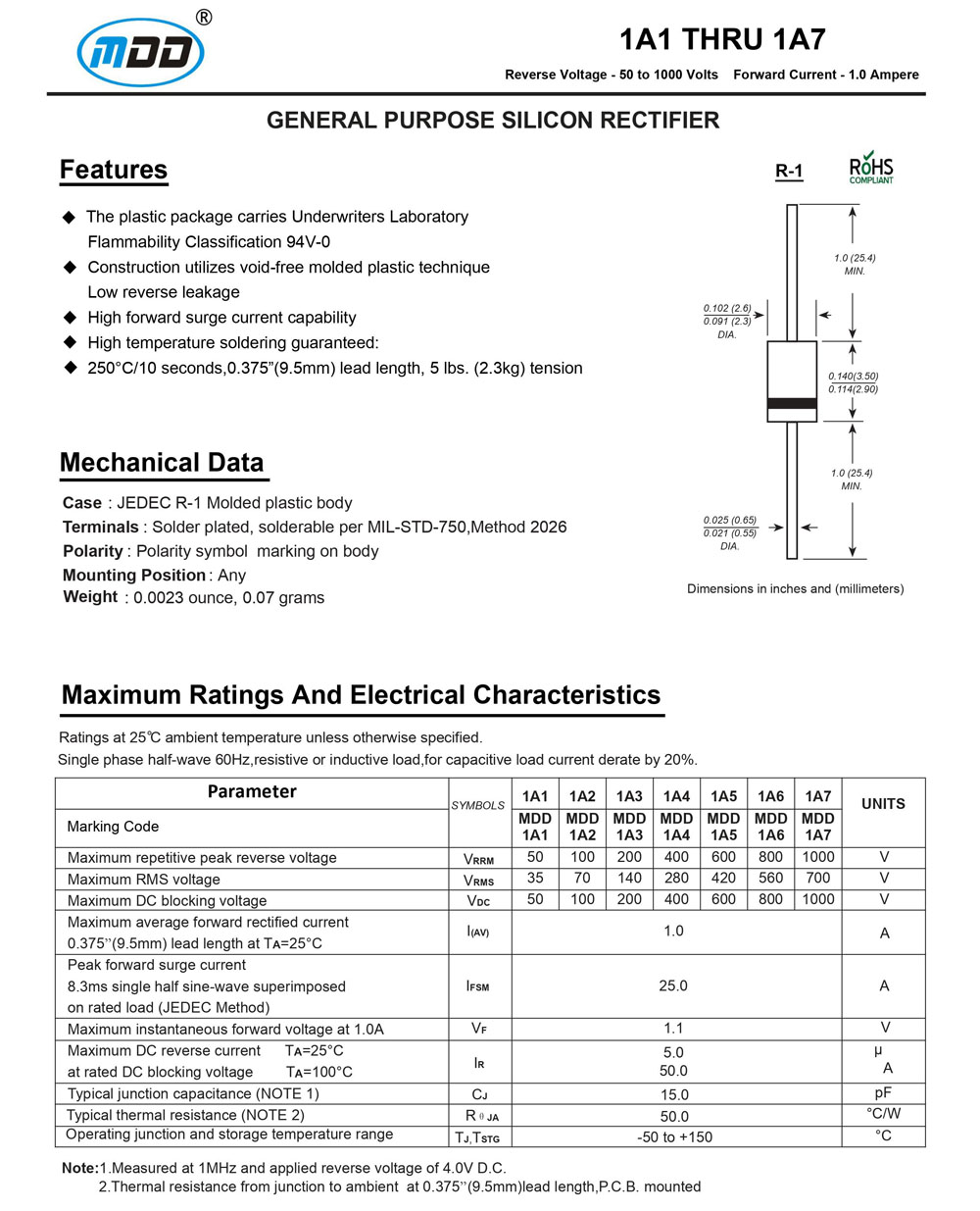 MDD辰达行整流二级管1A1 THRU 1A7